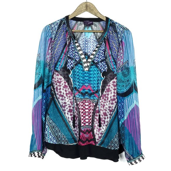 Hale Bob Tops - Hale Bob Ladonna Silk Chiffon Teal Crepe Blouse